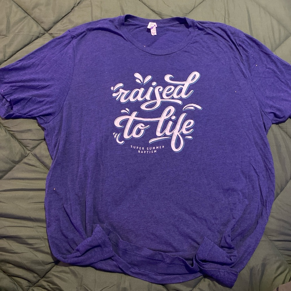 "Raised to life" purple and white tshirt
